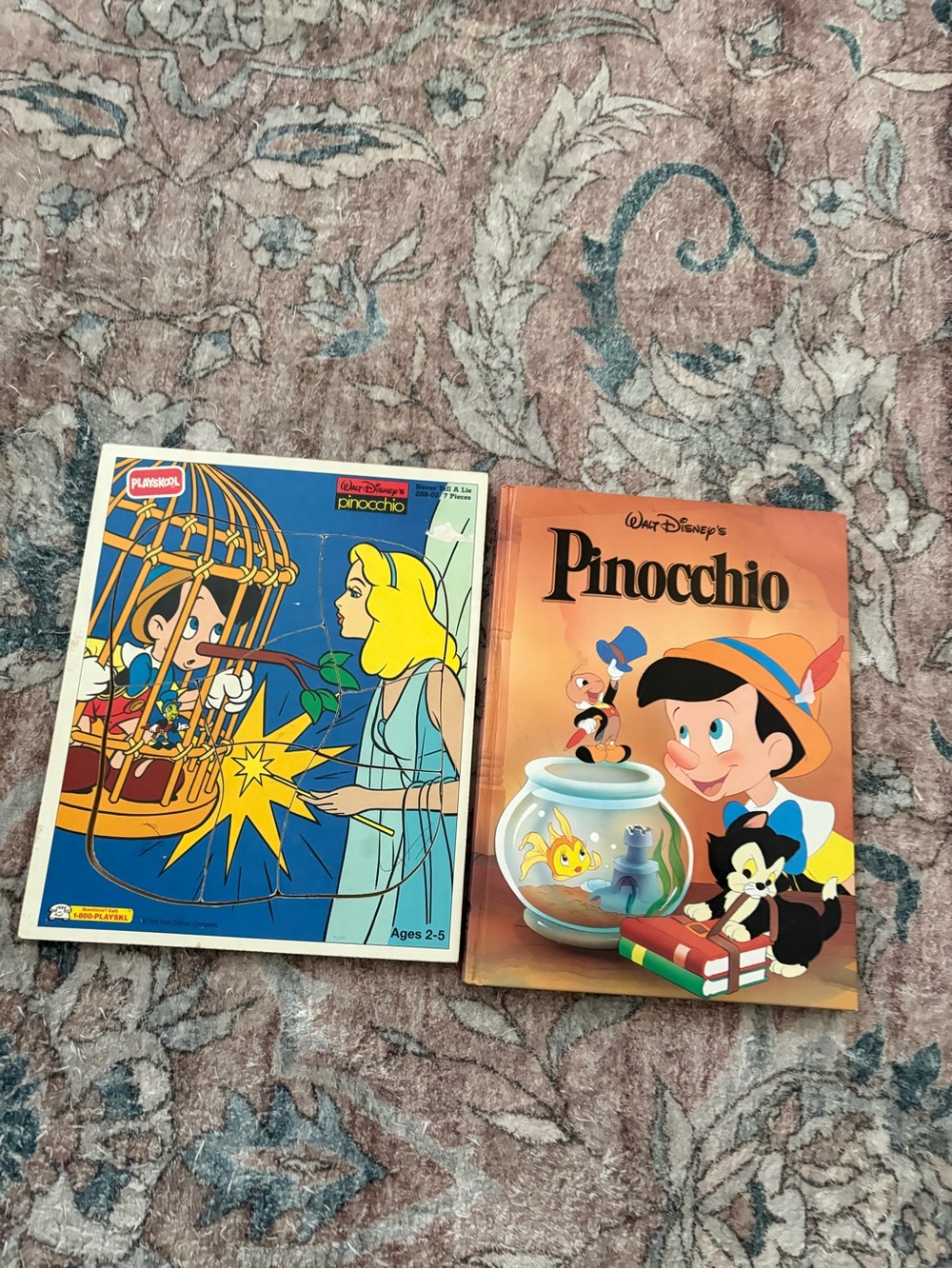 Vintage Pinocchio Frame Tray Puzzle and Book Bundle Disney Playskool